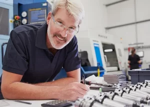 Machine Shop Owner inspecting machine tools.