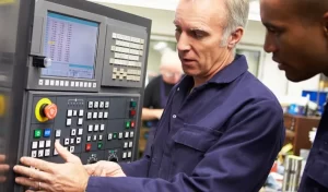 Shop Manager showing an apprentice how to setup a CNC Mill-Turn machine.