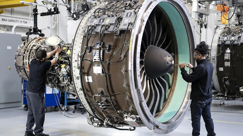 Production workers assembling a new Pratt & Whitney Engine.