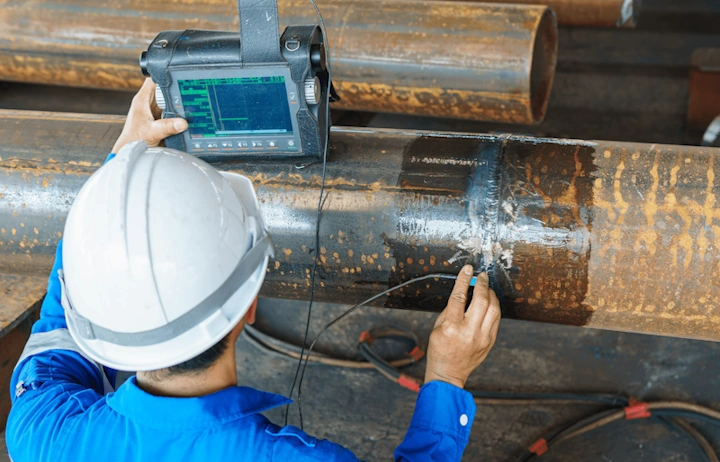 NDT Inspector using a UT device to inspect a pipe seam.