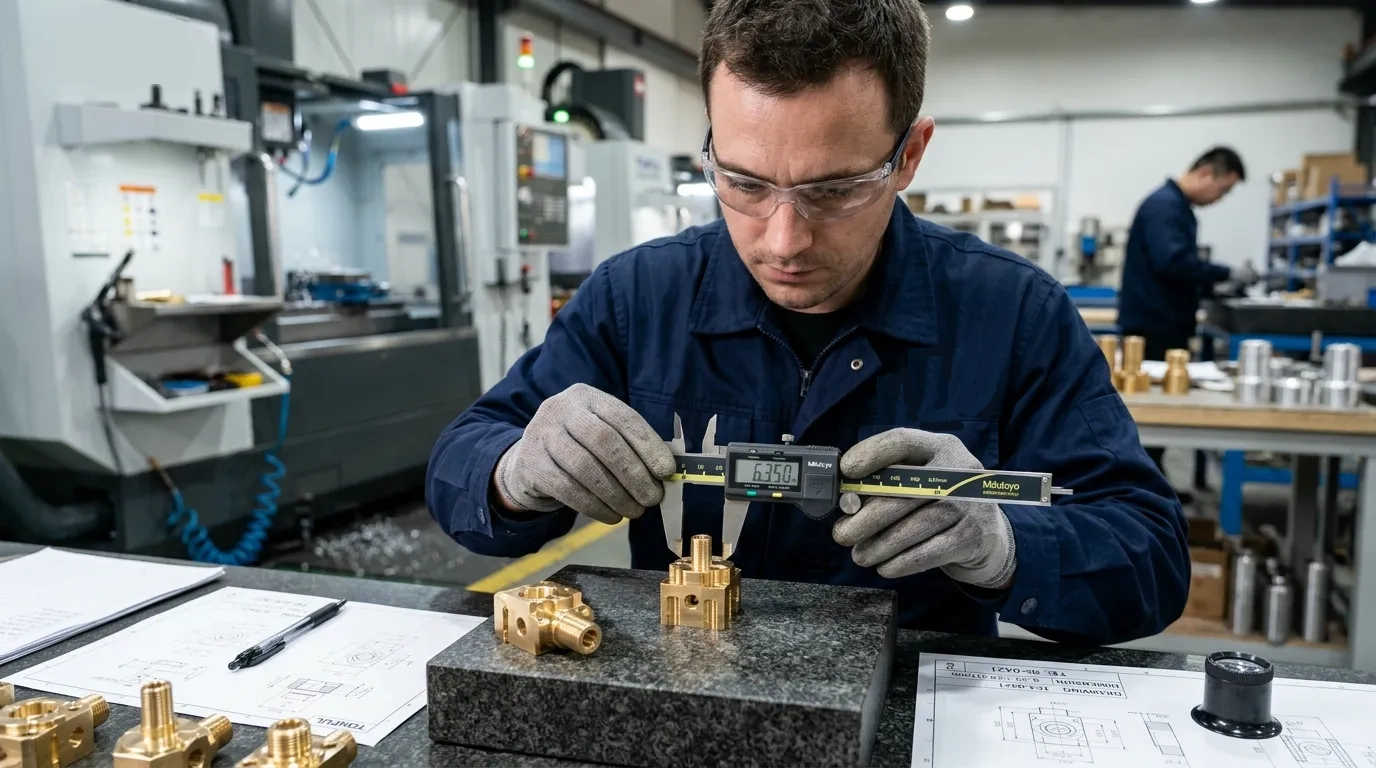 A Quality Inspector using a granite bench to inspect a CNC Machined part.