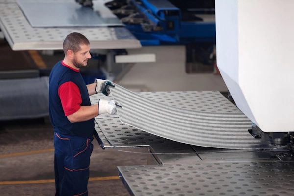 A punch press operator feeding a sheet into the punch press to cut a series of holes.