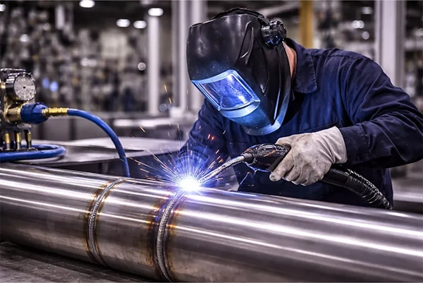 MIG welder joining together "fitting" two pipes in production.