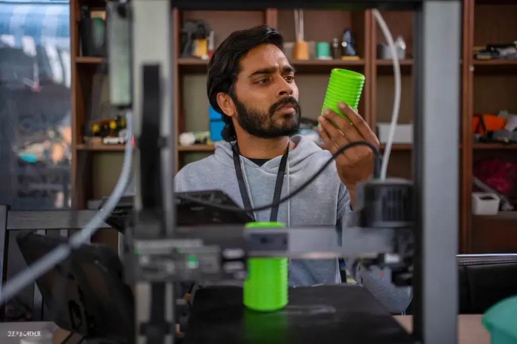 Additive Manufacturing Technician analyzing a freshly created part.