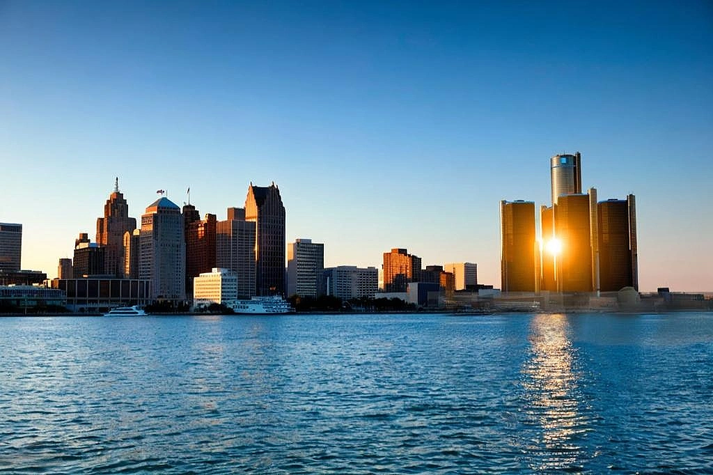 Detroit, MI skyline at dawn.