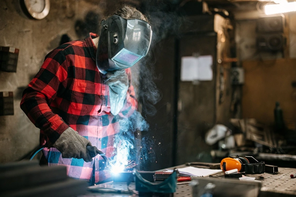 A welder employing MIG welding to fuse two steel parts together.